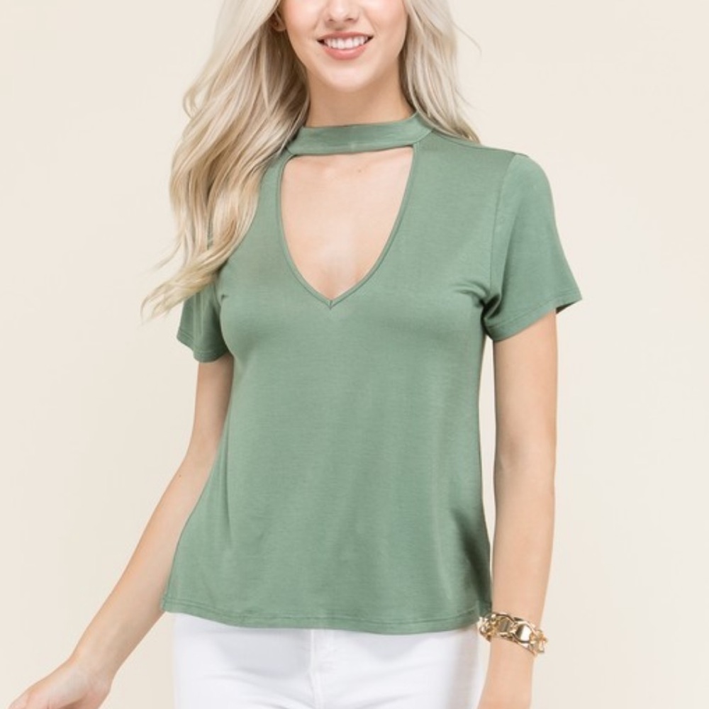 Green deep V cutout shirt